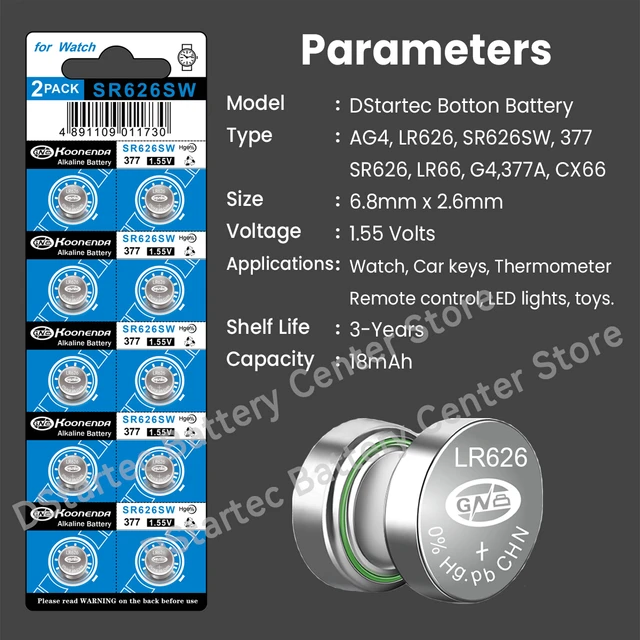 Koonenda LR626 AG4 1.55V Alkaline Button Battery, SR626SW 377 177 L626F  LR66 G4A 377A V377 CX66 Coin Cell for Watch Clock Remote - AliExpress