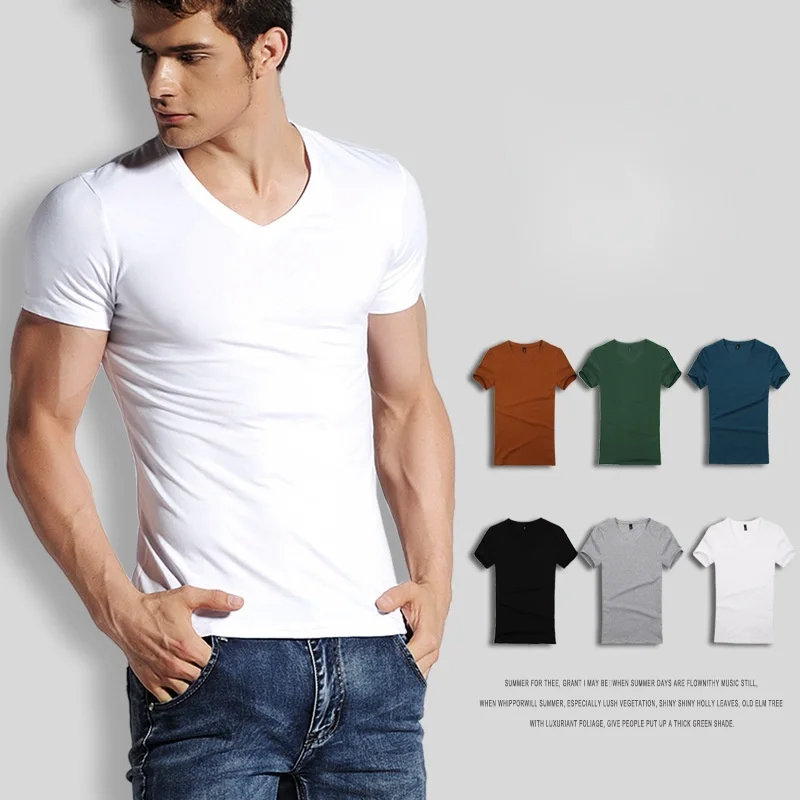 

MRMT 2023 Brand New Short-Sleeved T-Shirt Men's V-Neck Solid Color White T-Shirt Chicken Heart Collar White Bottoming Shirt Men