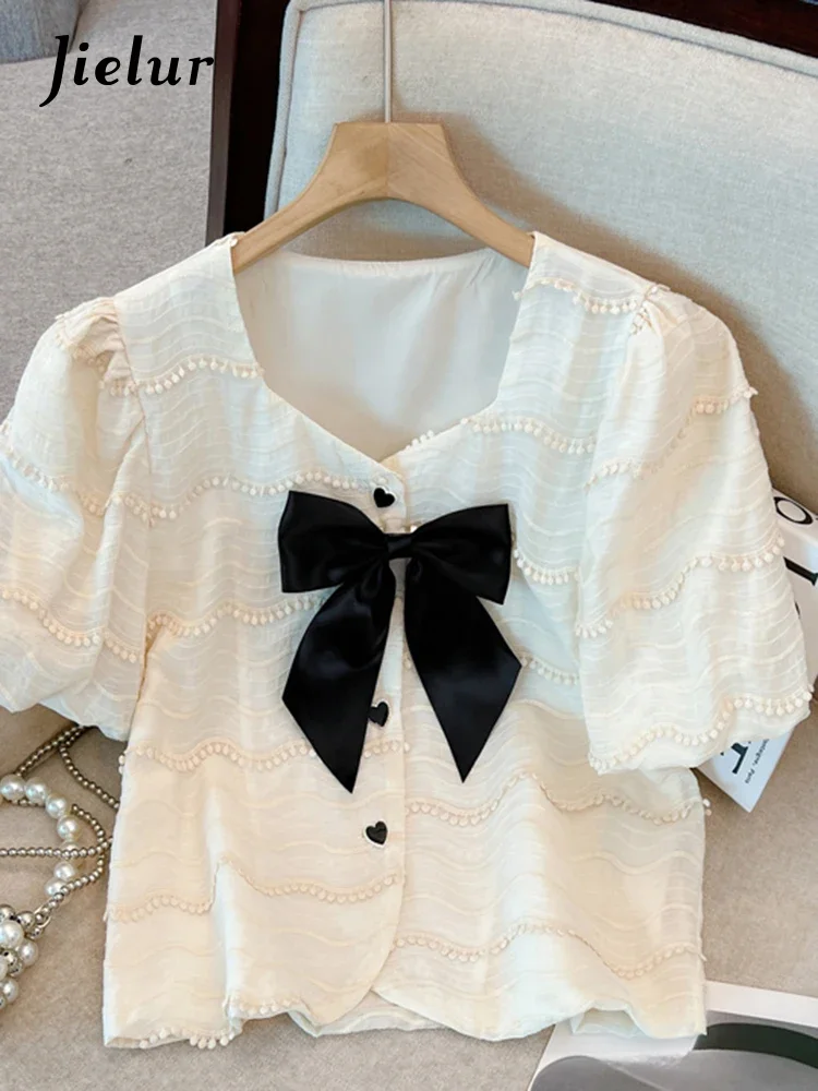 

Jielur Korean Summer New Sweet Bow Lace Women Shirt Elegant Ladies Spell Color Female Shirt Fashion Attractive Young Slim Shirt