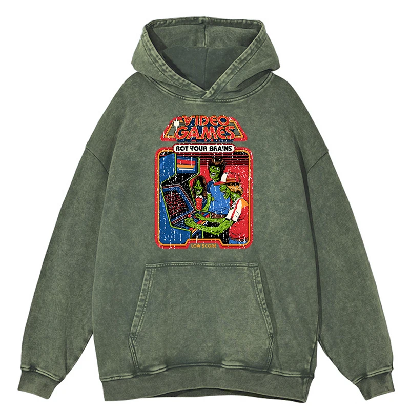 Sudadera con capucha retro desgastada con diseño de videojuegos Rot Your Brains para hombre, de gran tamaño, 100 % algodón, estilo hip hop, 100 % algodón, para otoño