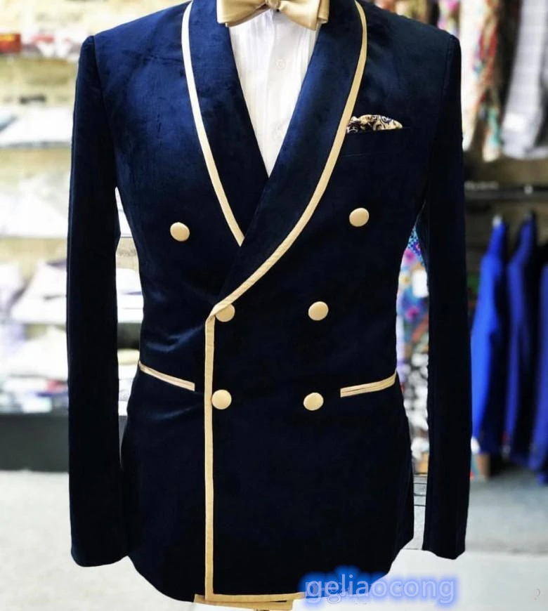 Men Navy Blue Velvet Formal Suit Jackets Business Uniform Work Blazer Tops Regular Slim Fit Wedding Suit For Men Only Jacket