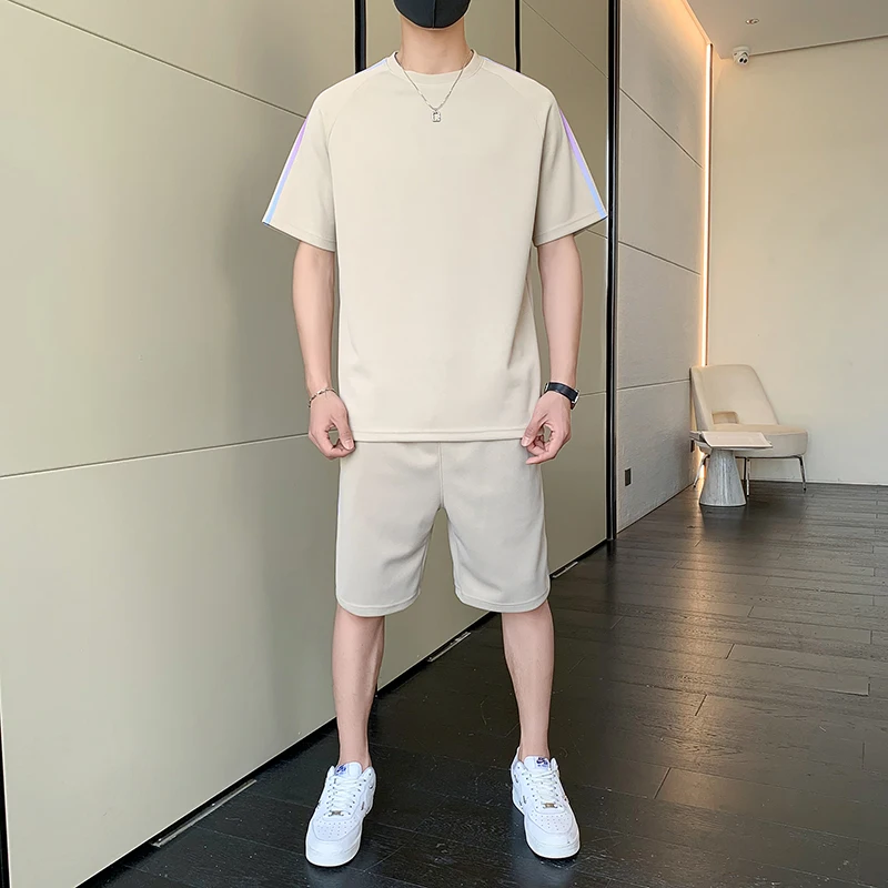 2024 Summer Casual Suit Men's Top 100% Fashion Cotton Short-sleeved Long Tracksuit Pants Street Wear 2-piece Men's Wear Shorts