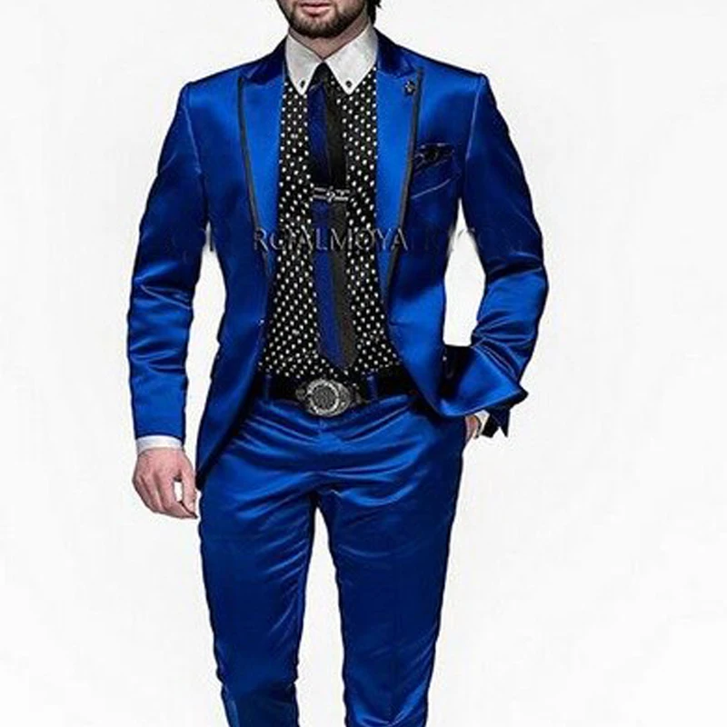 

2 Piece Wedding Tuxedo for Groom Slim fit Men Suits Royal Blue Satin Male Fashion Jacket with Pants Peaked Lapel Costume 2023