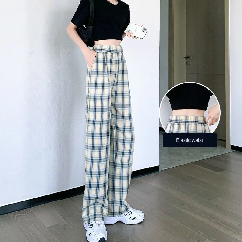 Trousers Woman Plaid Clothing Loose Womens Pants Elastic Waist Wide Leg Baggy High Quality Harajuku Classic Nylon Original 90s G