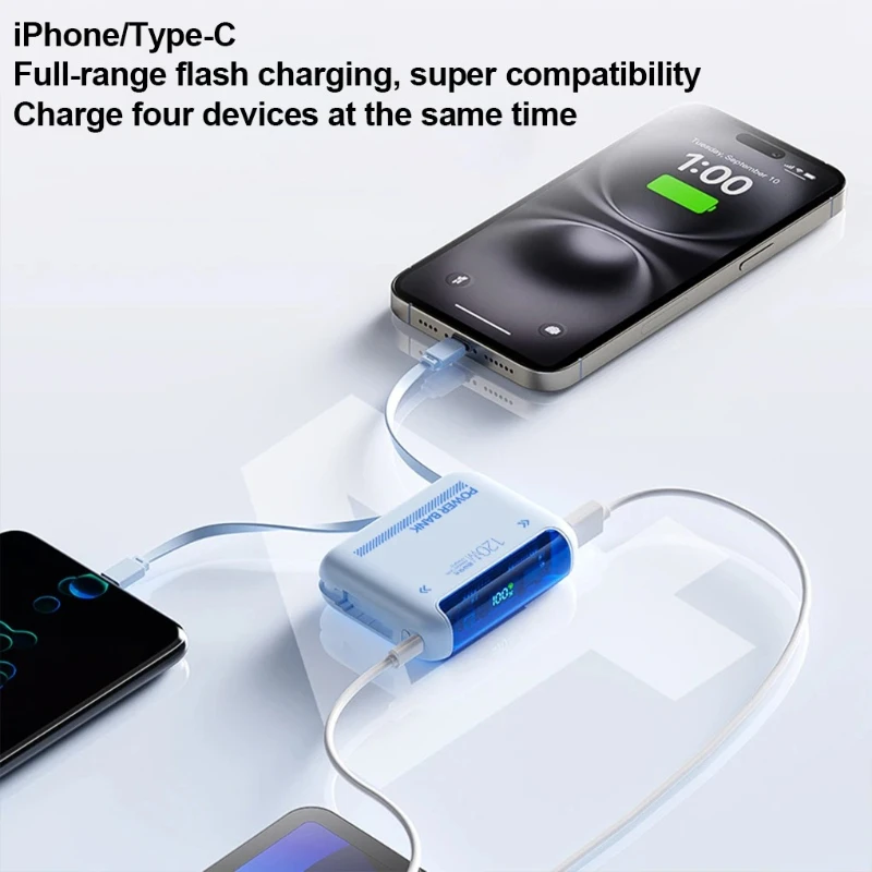 20000mAh 대용량 보조배터리 120W 초고속 충전 내장 케이블 휴대용 충전기 모든 스마트폰용