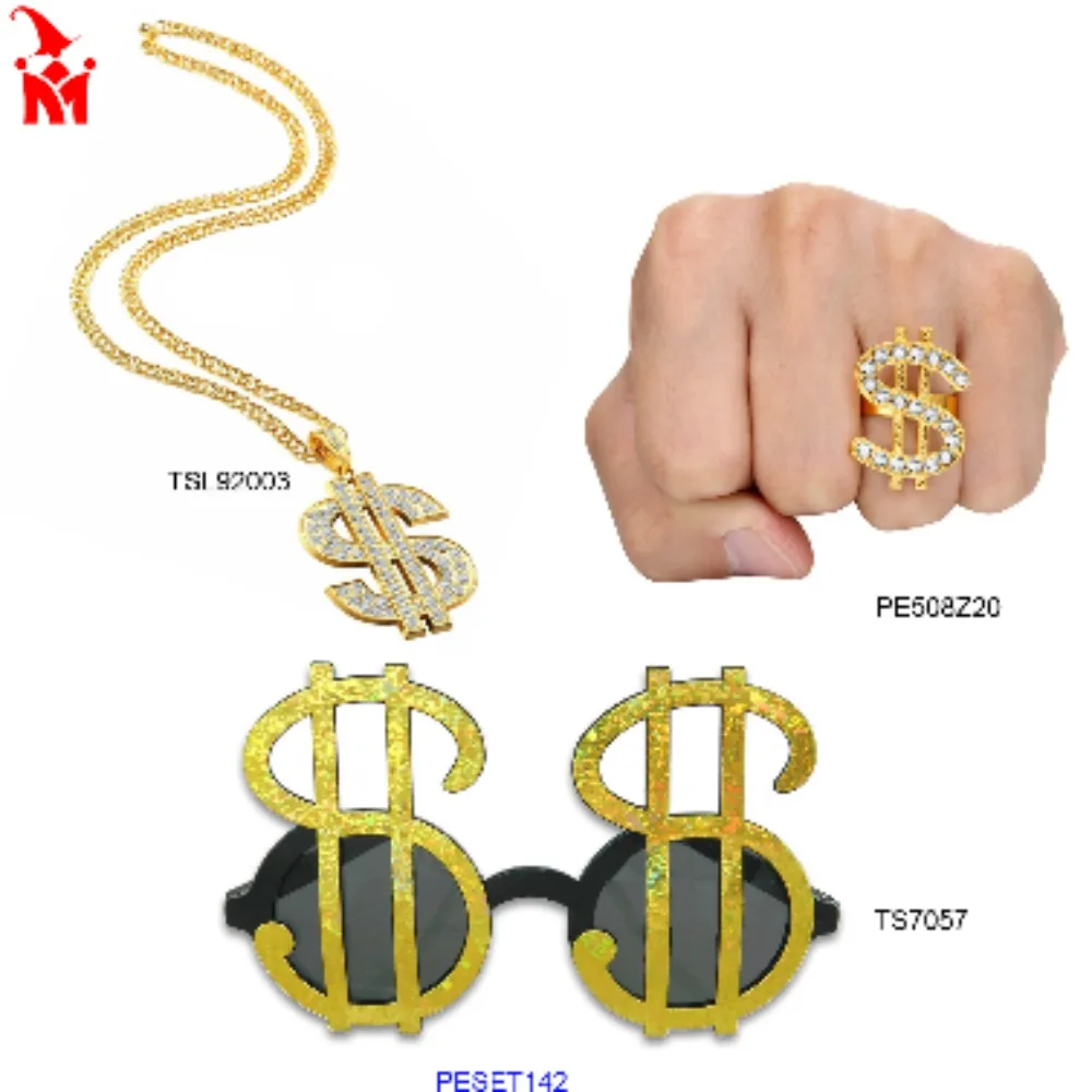 Halloween Costume Accessories Big Rich Dollar Symbol Necklace Ring Money Dollar Style Wacky Glasses