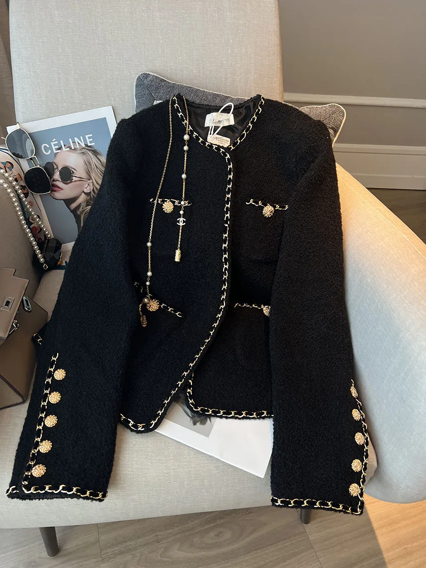 2024 Popular Beautiful Chic Short Fragrance Black Woven Gold-Rimmed Round Neck Suit Jacket Women's Winter Autumn Blazers fashion korean chic short coat autumn women small fragrance simple basic casual loose woven french v neck tassel tweed coat 1706
