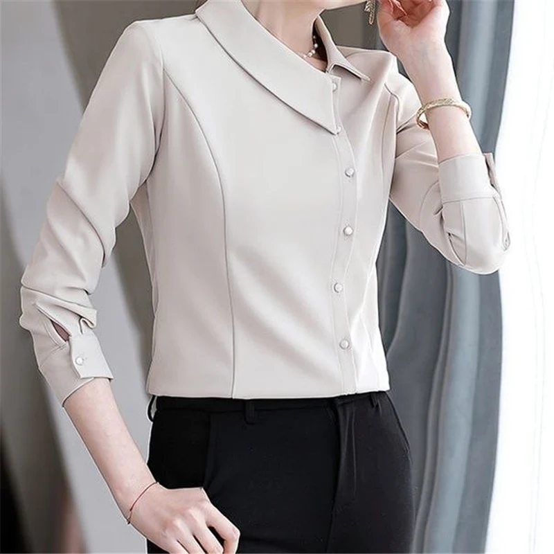 Elegant Chic Office Lady Asymmetrical Slim Button Female Shirts Spring Autumn Fashion Solid Long Sleeve Tops Blouses for Women
