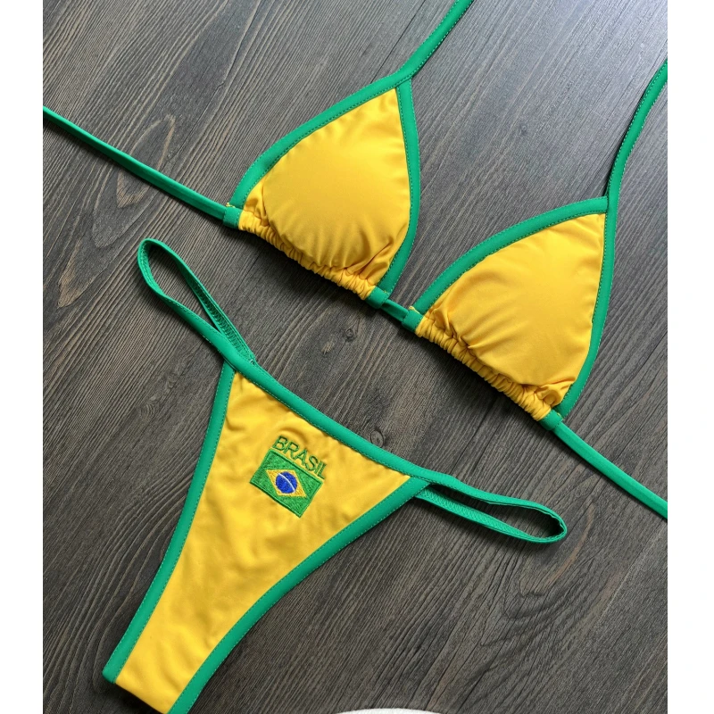 Women's Brasil Flag Print Bikini Set, Halter Triangle Top + Tanga Bottom, Brazilian Flag Two-Piece Swimwear, Y2K Beachwear 3