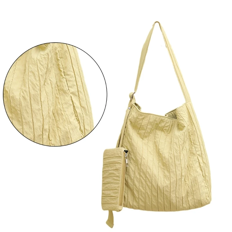 Canvas Pleated Striped Shoulder Bag with Small Korean Solid Large Capacity Crossbody Bag Handbag for Women