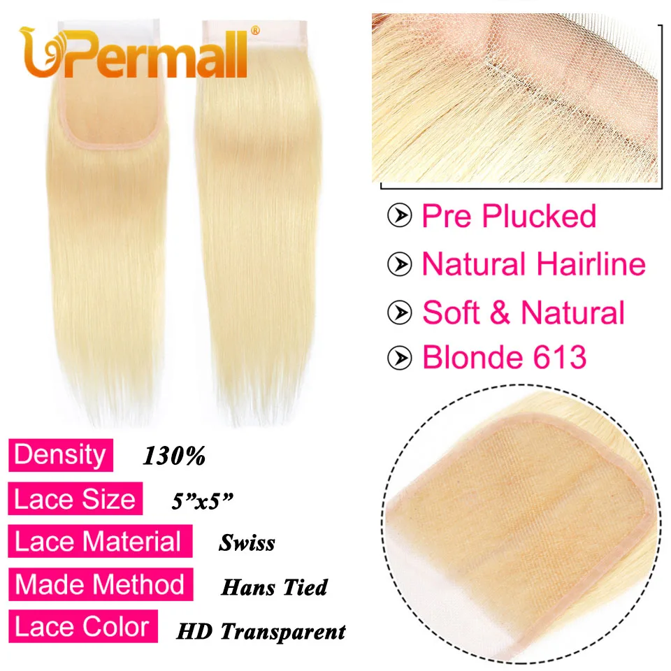 Upermall #613 Blonde 13x4 Lace Frontal Straight Pre Plucked Swiss HD Transparent 4x4 5x5 Closure 100% Remy Human Hair