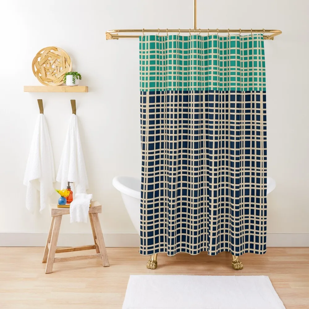 

Mid Century Modern Woven Color Block Pattern in Mid Mod Navy Blue, Turquoise Teal, and Beige Shower Curtain Cute Shower Curtain