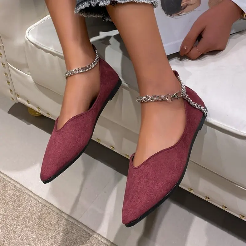 

Женские замшевые туфли с острым носком, на плоской подошве, с цепочкой, в стиле ретро, весна 2023