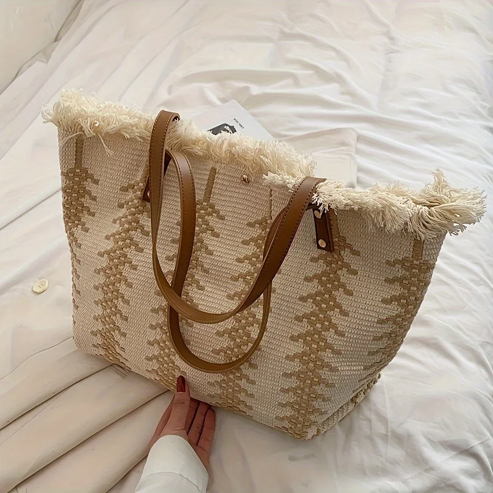 Chic Striped Canvas Tote Bag with Fringe Detail - Spacious Shoulder Handbag for Beach & Shopping, Machine Washable