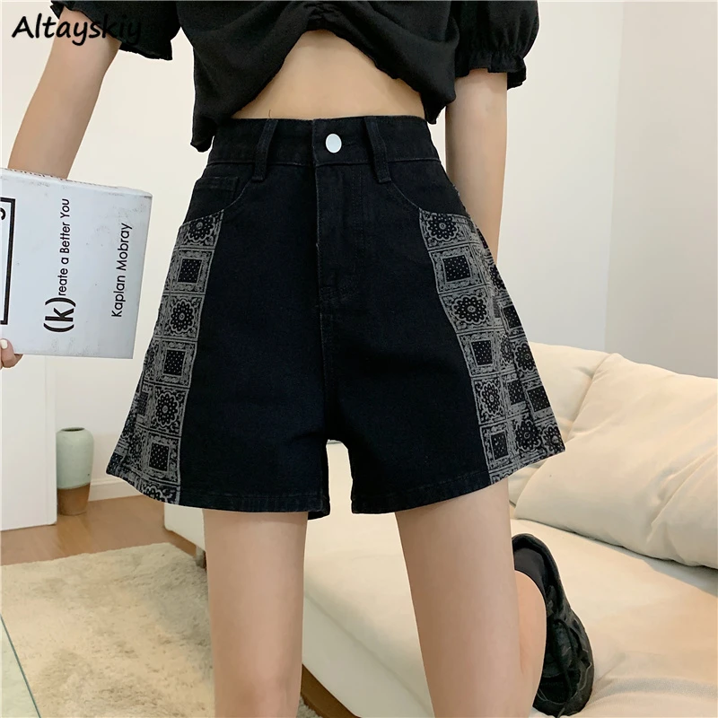 bike shorts Plus Size S-5XL Denim Shorts Women Retro Black Design Patchwork Baggy Short Streetwear Harajuku Button Fly Wide Leg Trousers BF ladies shorts