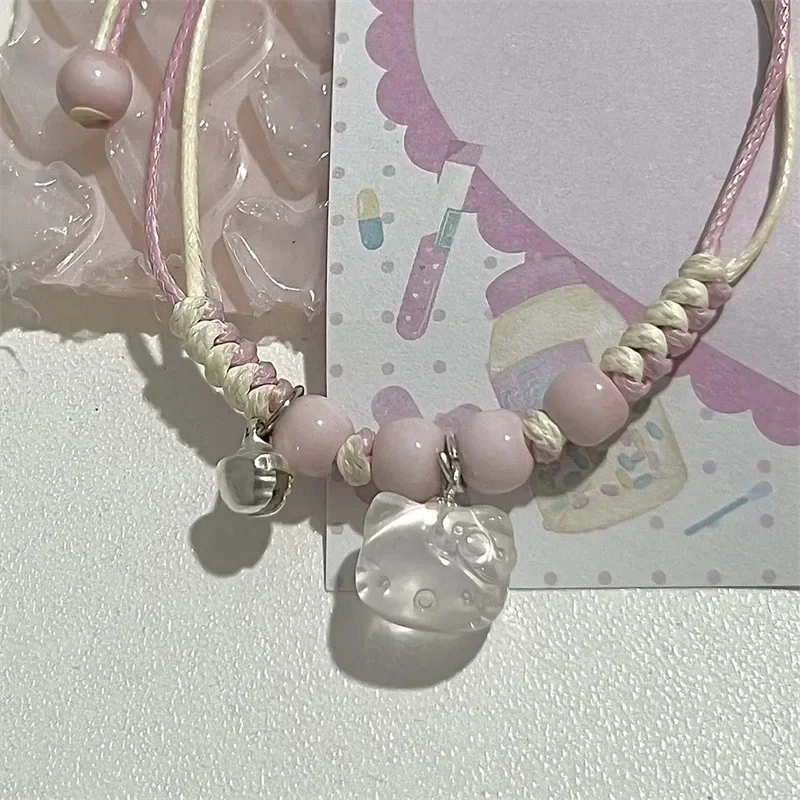 

Kawaii HelloKittys Bracelet Y2k Pink Bracelet Lucky Girl Braided Bracelet Sweet Cute Pendant Good Friend Couple Jewelry Gift