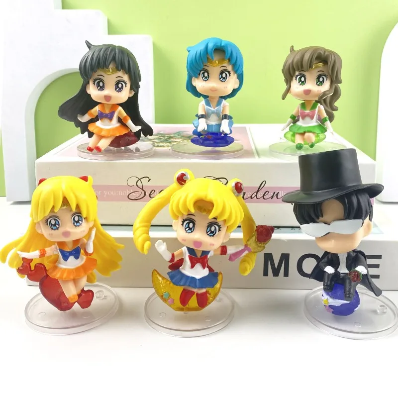

6Pcs Sailor Moon Action Figures Anime PVC Kino Makoto Mizuno Ami Chiba Mamoru Q Edition Model Doll Toys New Cute Car Ornaments