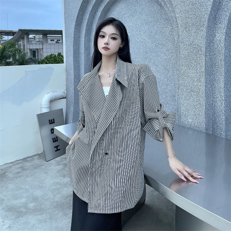 American Loose Striped Shirt Women's Autumn Oversize Atmosphere Women Shorts Casual Long Loose Coat stair chandelier simple modern atmosphere duplex apartment building the bedroom the nordic restaurant loft rotati long droplight