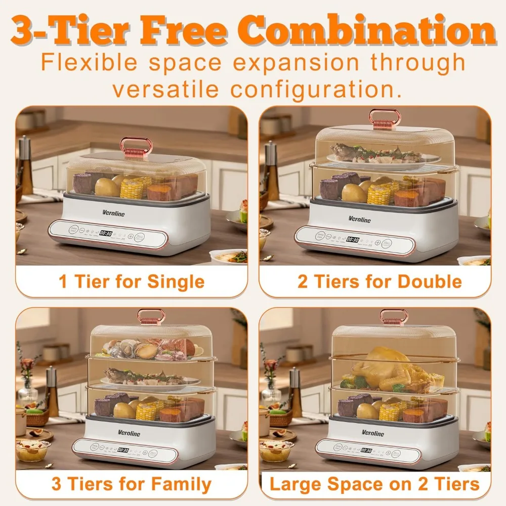 Electric Food Steamer, 15QT Vegetable Steamer with 3-Tier Stainless Steel Trays, 1200W, 24H Delay Start, Auto Shut-Off, BPA-Free 5