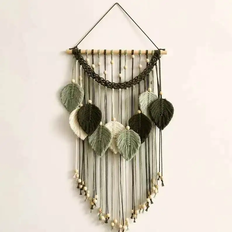 Handmade Boho Macrame Leaf Tassel Wall Art with Wooden Beads