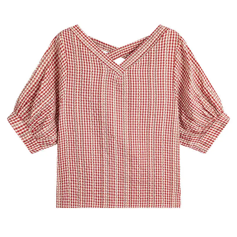Women Hollow Plaid Print Vintage Embroidery Blouse Summer Trendy V Neck Short Sleeve Shirts Loose Casual Tops Female Blusas Ropa