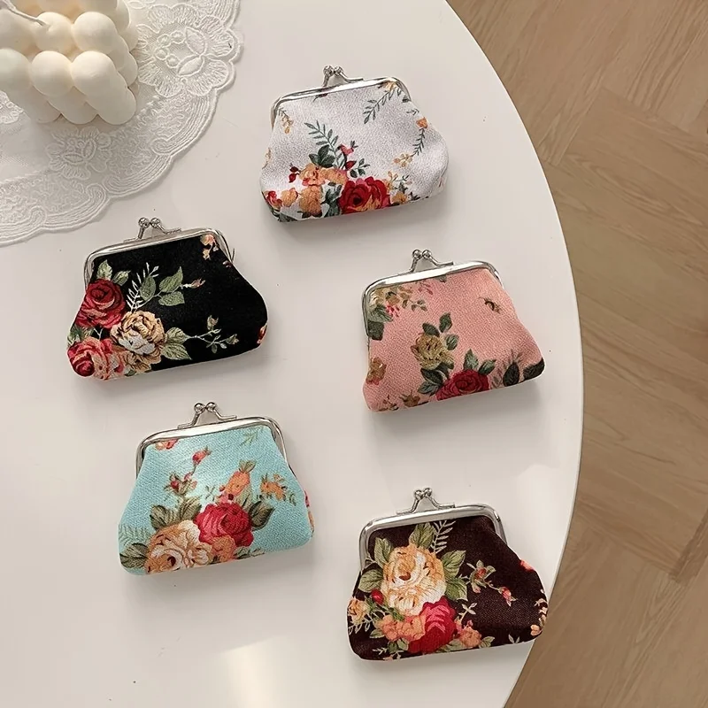 One Piece Vintage Mini Canvas Coin Purse Printed Rose Flower Wallet Key Lipstick Storage Coin Bag Cute Small Wallet