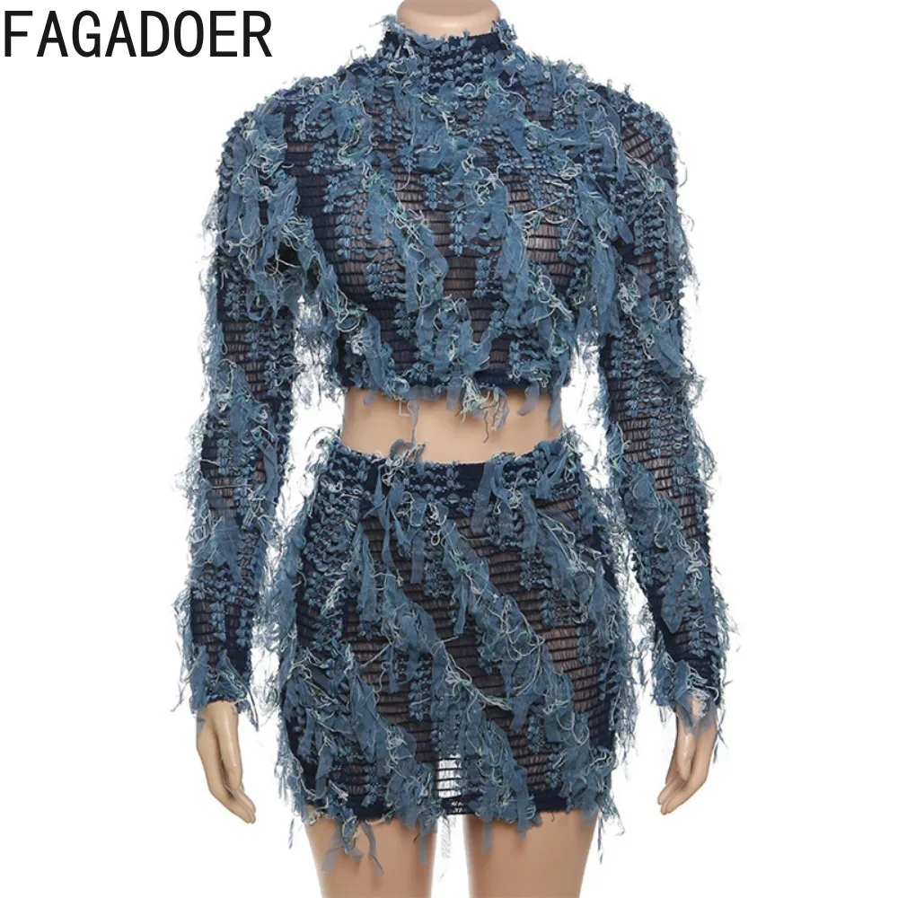FAGADOER Fashion Streetwear Women Perspective Tassels Round Neck Long Sleeve Crop Top And Mini Skirts Two Piece Sets Outfit 2024