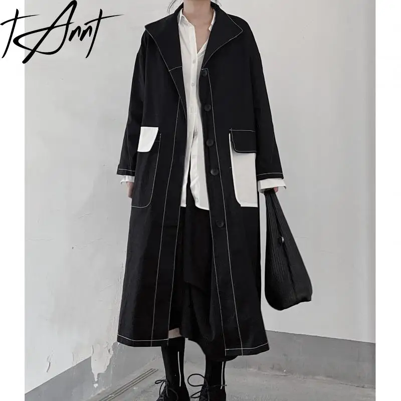 

Tannt Women Trench Coat Black White Color Matching Long Windbreaker Coats Vintage Fashion Long Autumn And Winter Coats 2023 New