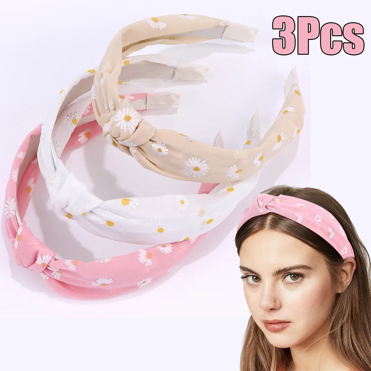 3Pcs Trendy Flower Headband Sweet Floral Print Hair Band Knot
