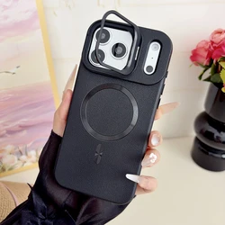 Luxurious Leather Textured Magnetic Phone Case with Lens Stand and Wireless Charging Compatibility - iPhone 14 Pro Max (Black)