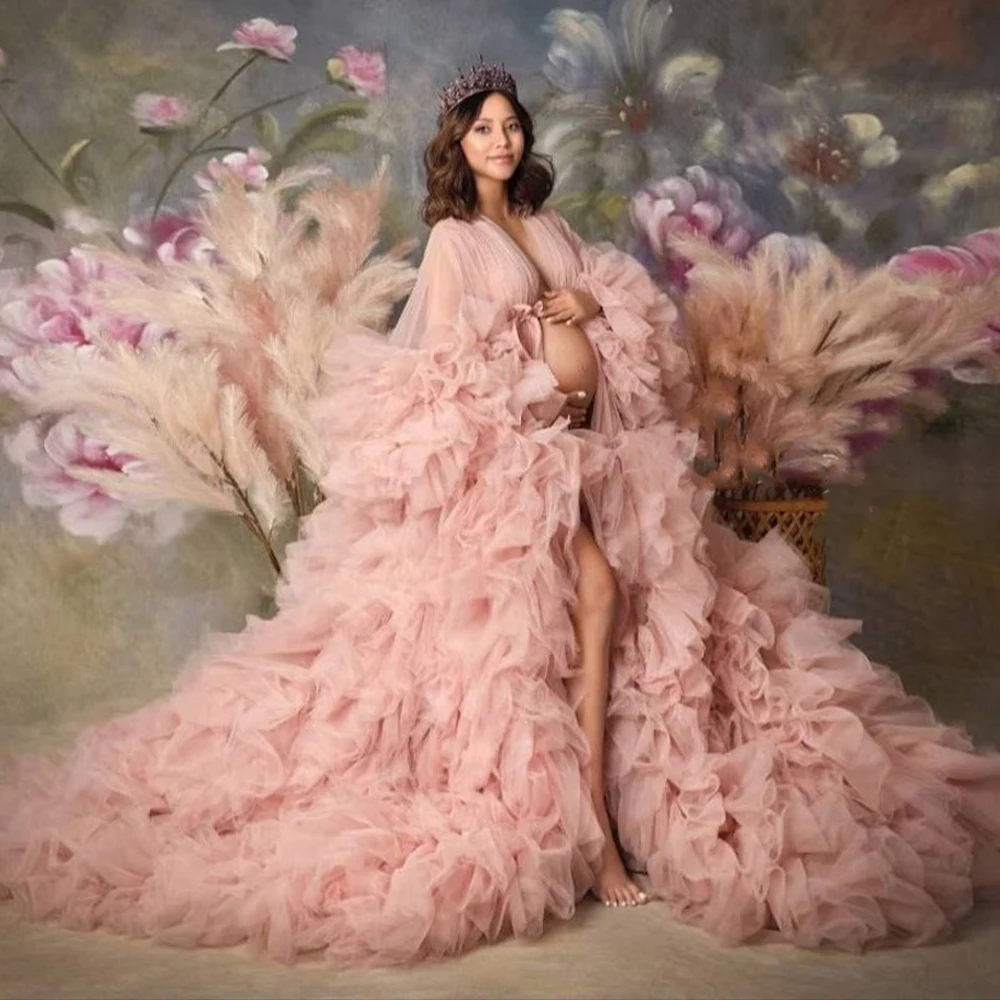 

Blush Maternity Tulle Robe for Photoshoot Extra Ruffles Pregnant Dress Tiered Split Sweep Train Pregnancy Baby Shower Gowns