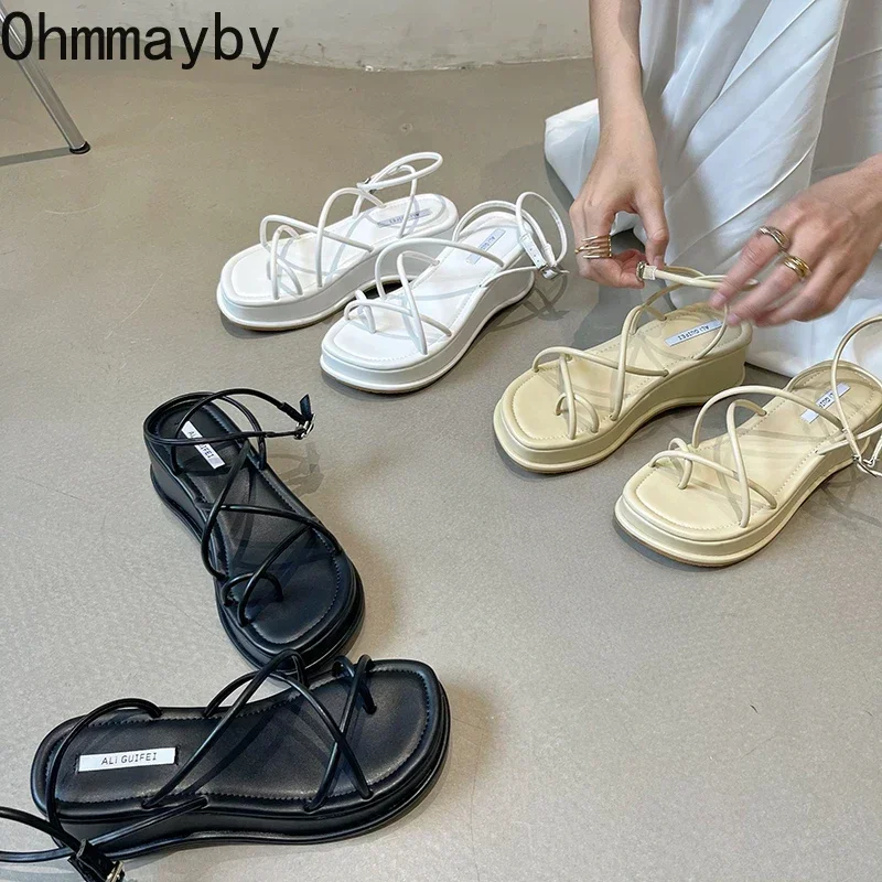 Women Sandals Open Toe Summer Fashion Narrow Band Dress Shoes Platform Wedges Heel Ladies Ankle Strap Gladiator Sandalias