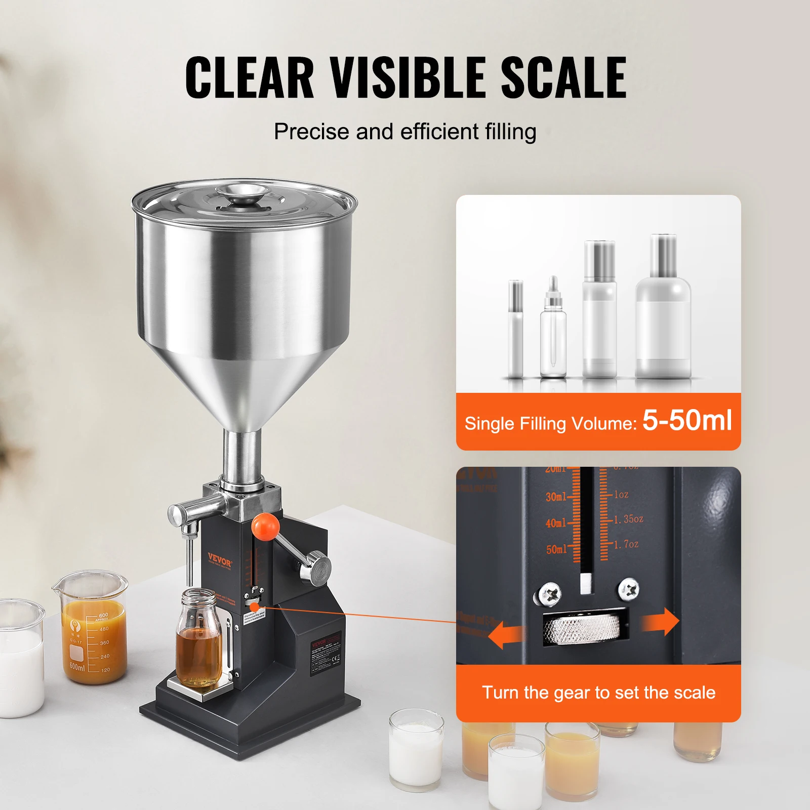 SucceBuy A03 5-50ml/5-100ml Manual Liquid Filling Machine Paste Bottle Filler Adjustable with Hopper for Juice Shampoo Honey 3