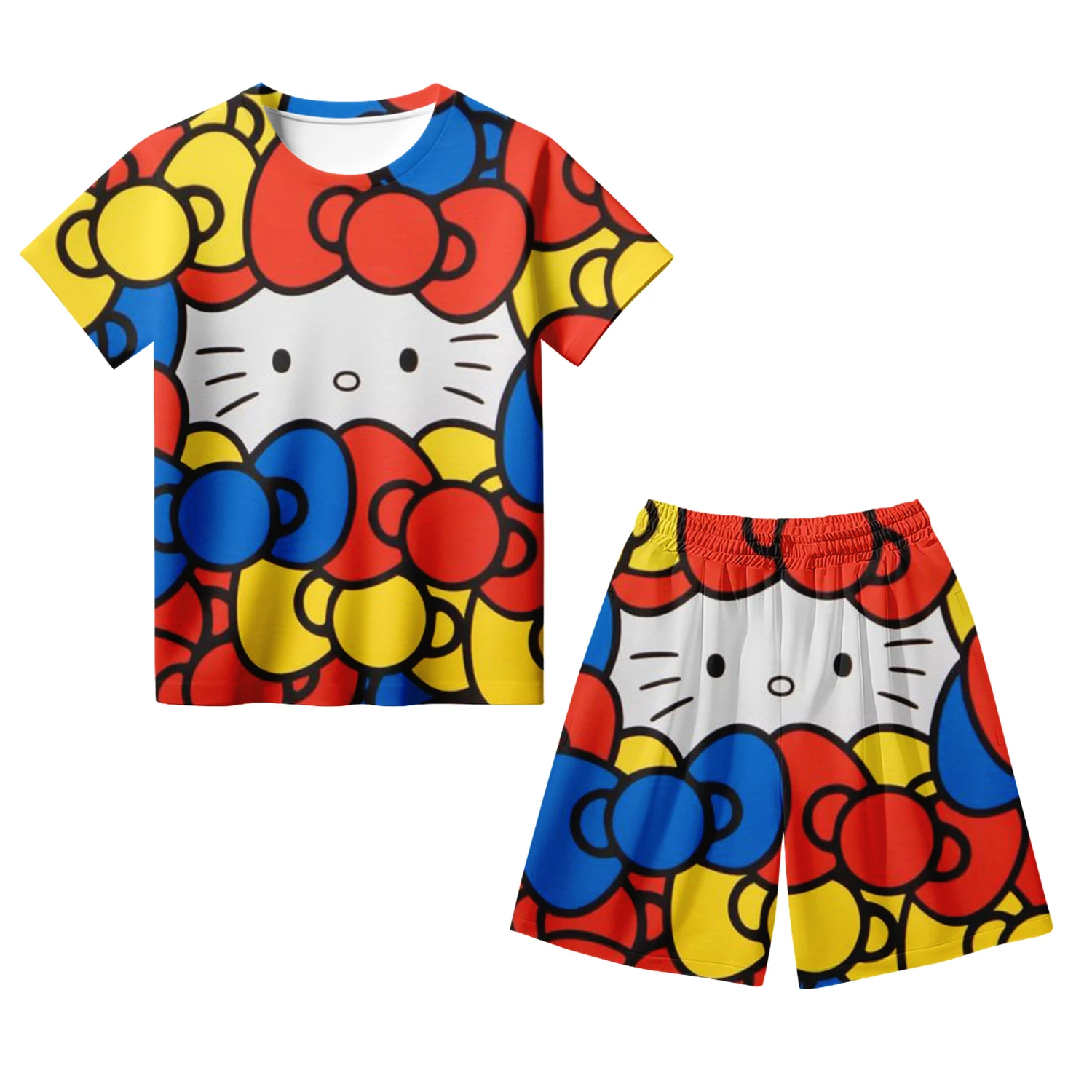 طقم تيشيرت وسراويل قصيرة الأكمام للأطفال طباعة ثلا...