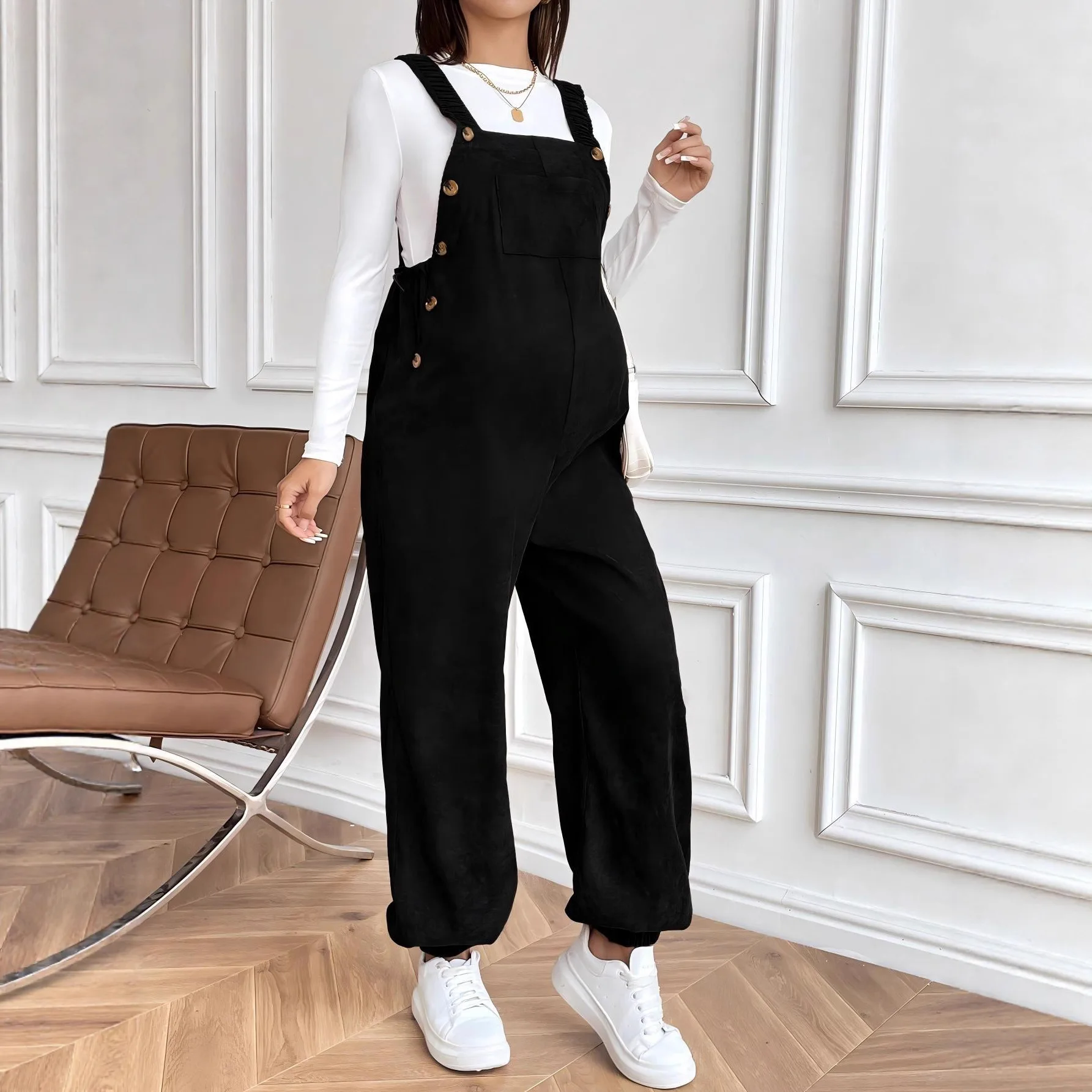 Maternity Clothes for Pregnant Women Pregnancy Clothing 2025 Autumn Winter Adjustable Waist Fashionable Loose Corduroy Overalls - 4