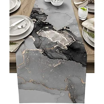 Runner da tavolo in lino di marmo nero grigio Decorazione della tavola da cucina Runner da tavolo lavabili per la decorazione della festa nuziale da pranzo 1
