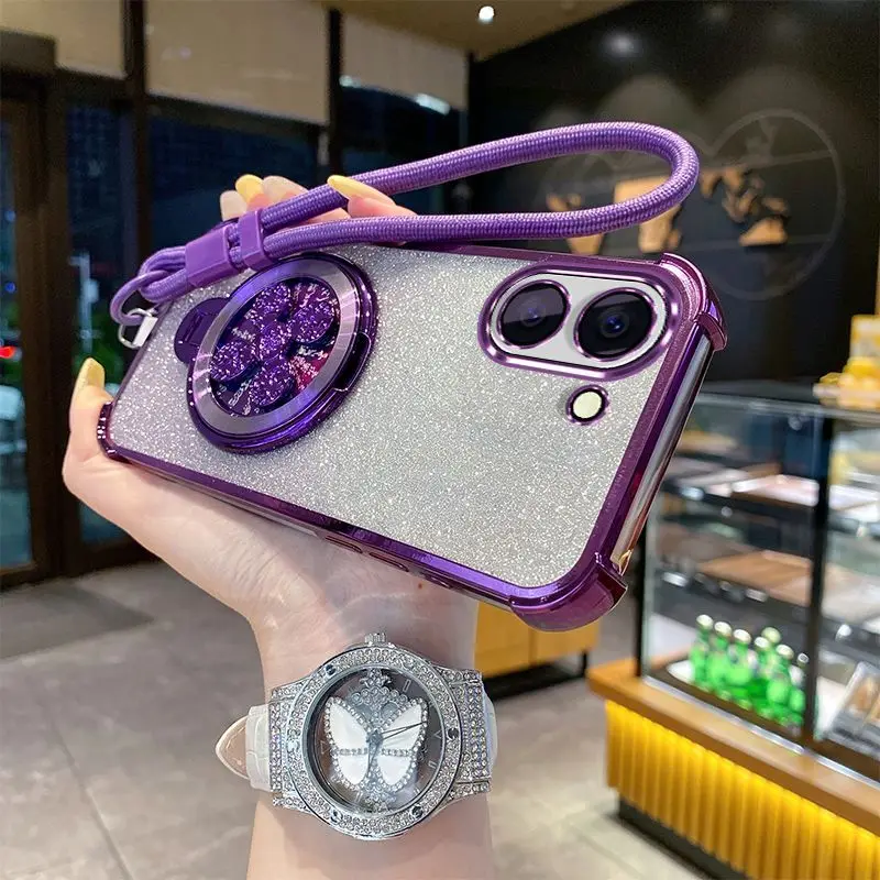 Gradient Glitter Holder Case with Hand Strap and Electroplated Finish