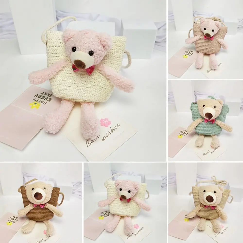 

Handmade Woven Mini Straw Bag Cute Coin Purse Cartoon Bear Storage Basket Photo Props Zipper Crossbody Handbag
