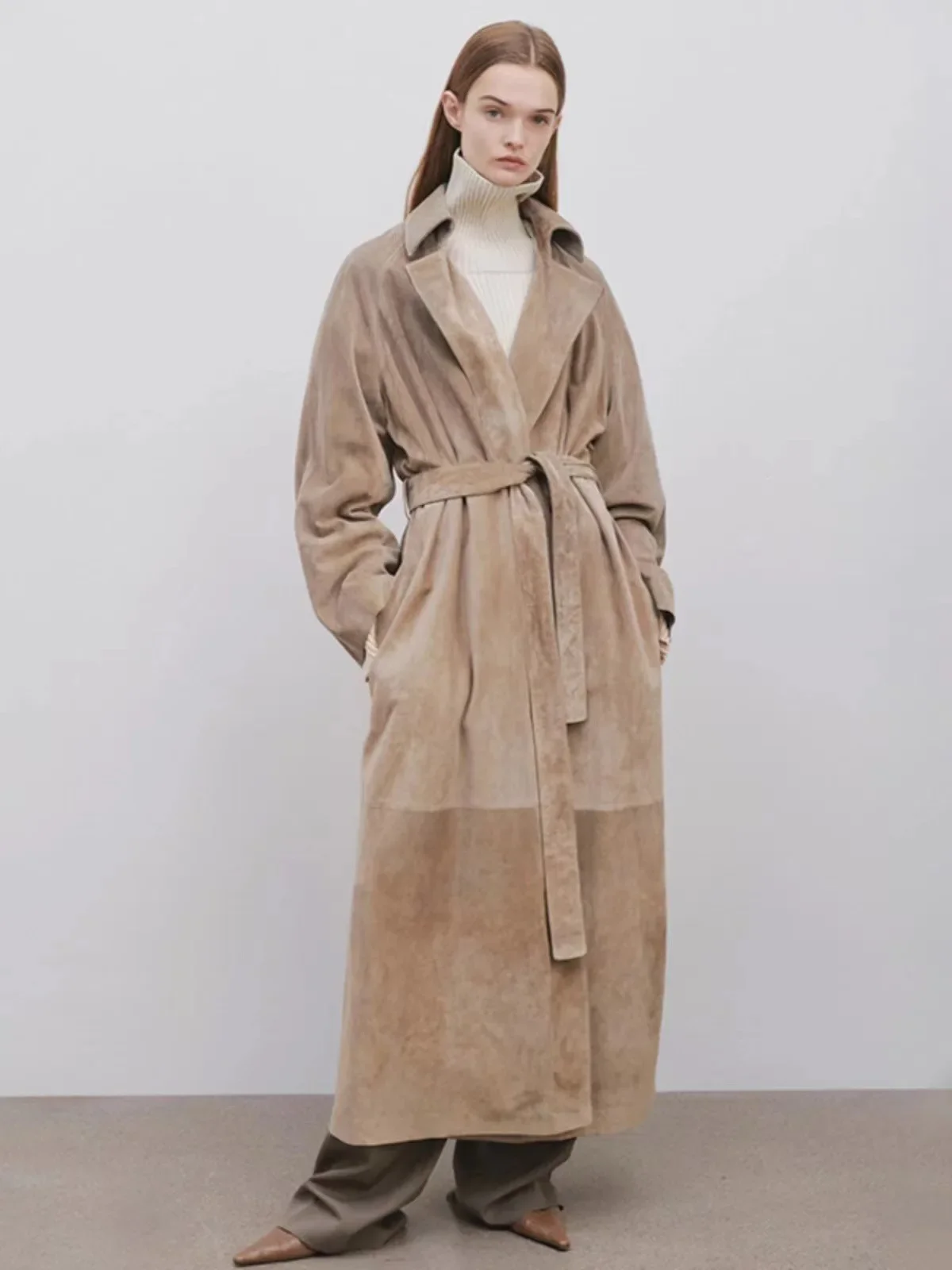 

Women's coat 2023 autumn and winter new lace-up loose drawstring waist fashion commuter long jacket