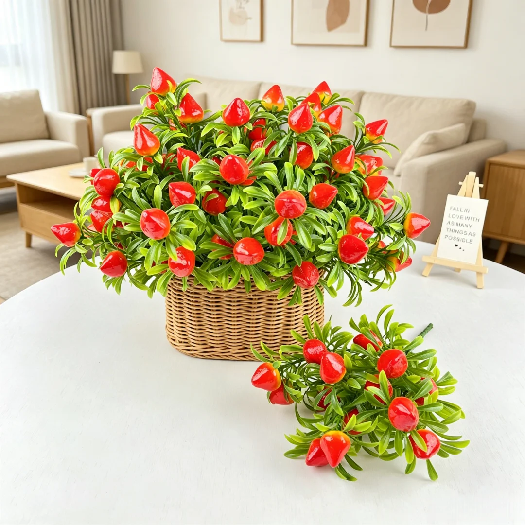 Artificial Strawberry Fruit Plant Set - Decorative Home & Outdoor Décor, Floral Arrangements, Wedding & Holiday Party Accents (4pcs)
