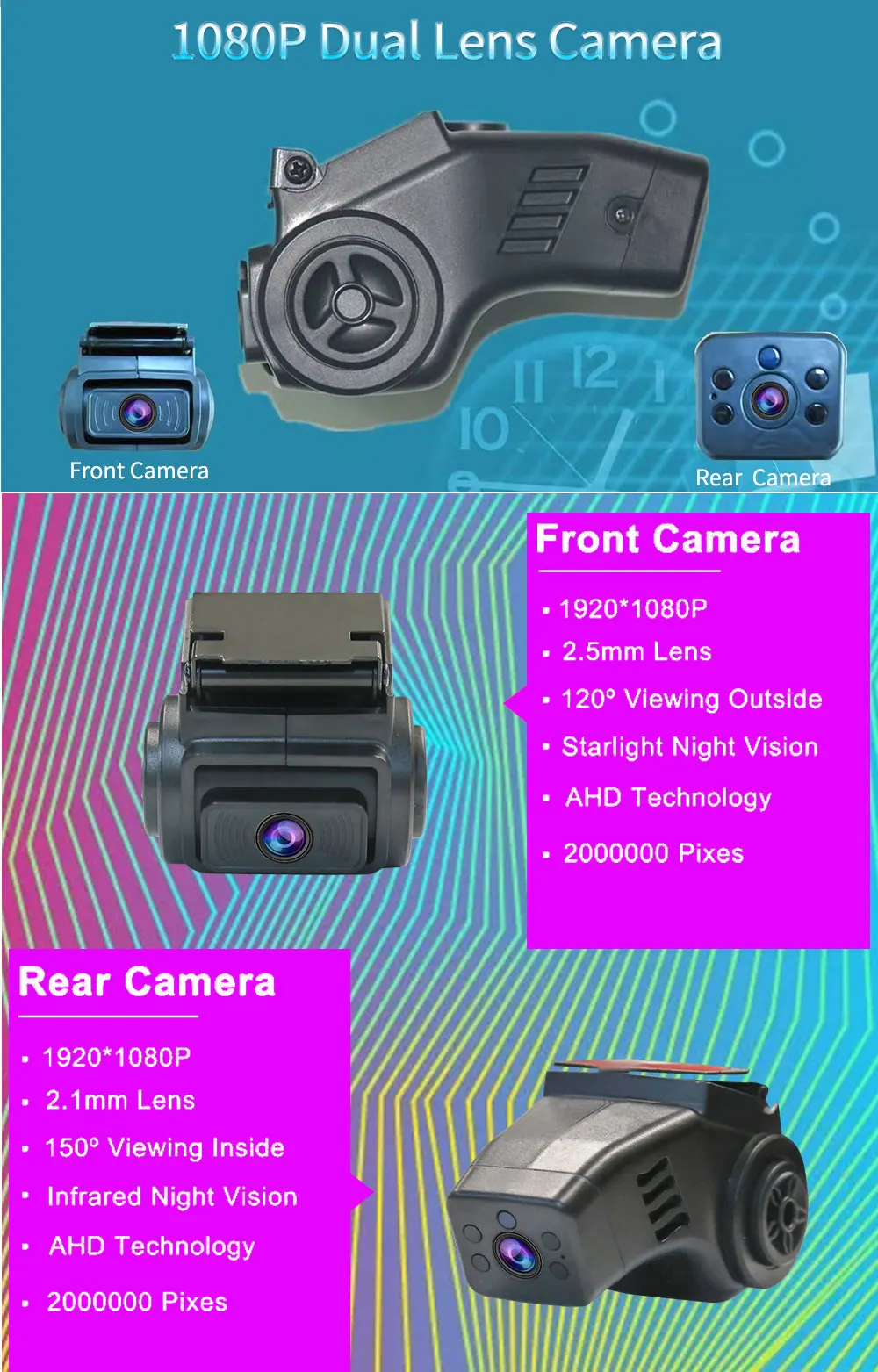 1080P Front and Rear View Dual Lens AHD Camera Inside for Bus/Taxi/Online Car Hailing HD Night Vision Audio Pickup 2CH Cam