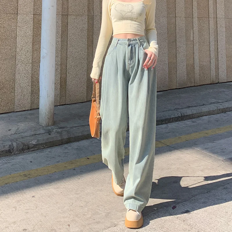 라이트 블루 넓은 다리 청바지 여성 느슨한 스트레이트 봄 새로운 높은 허리 주름 캐주얼 부드러운 드레이프 향수 걸레