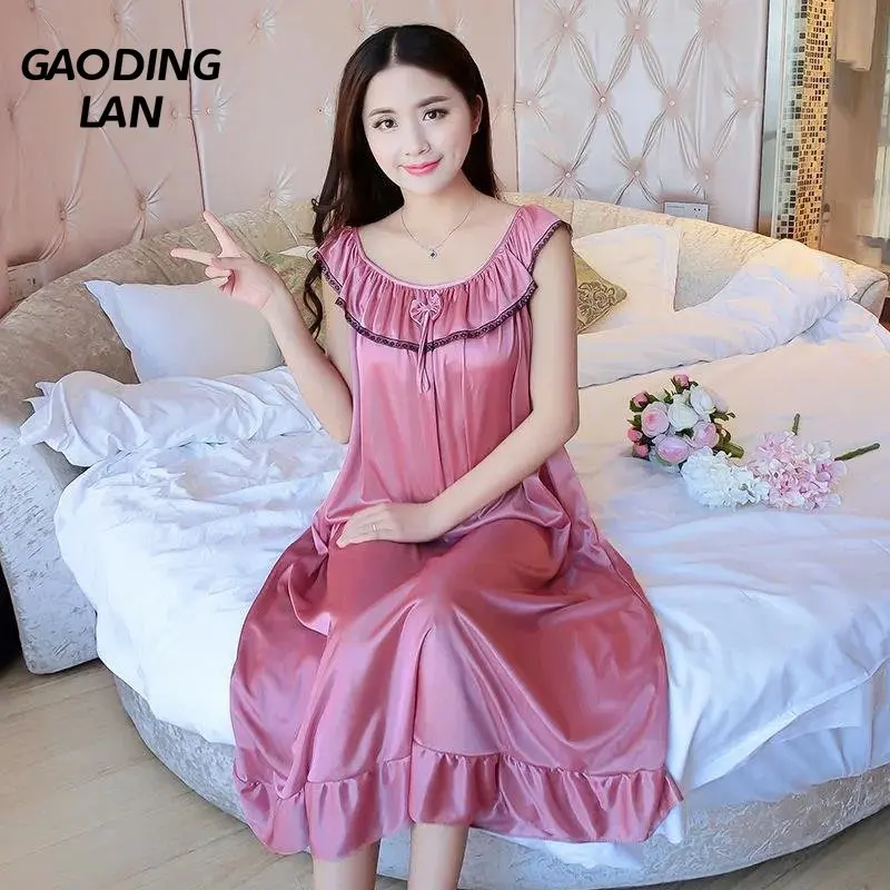 

Gaodinglan Women Sleeveless Ice Silk Nightdress Summer Thin Lace Embroidery Nightgowns Female O Neck Solid Color Home Nightwear
