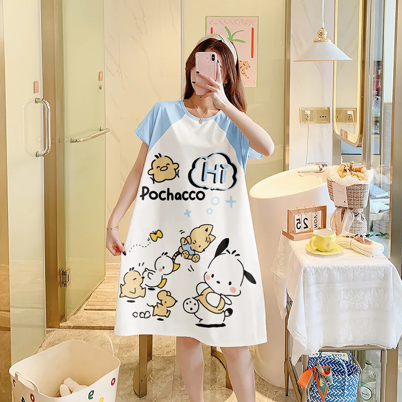 Kawaii Summer Nightdress Hellokittys Pochacco Kuromi Anime Cartoon Cute Short-Sleeved Thin Section Home Clothes Pajamas Girls