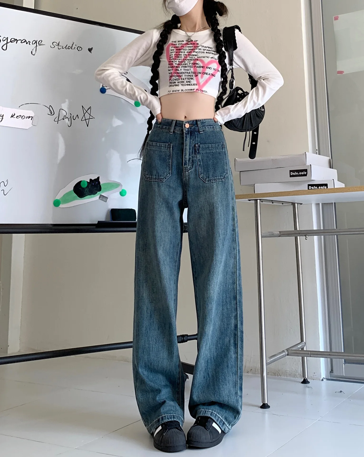 

New Women's Pocket Jeans High Waist Baggy Design Feel Vintage Straight Pants Spicy Girls Wide Leg Denim Floor Pants Streetwear