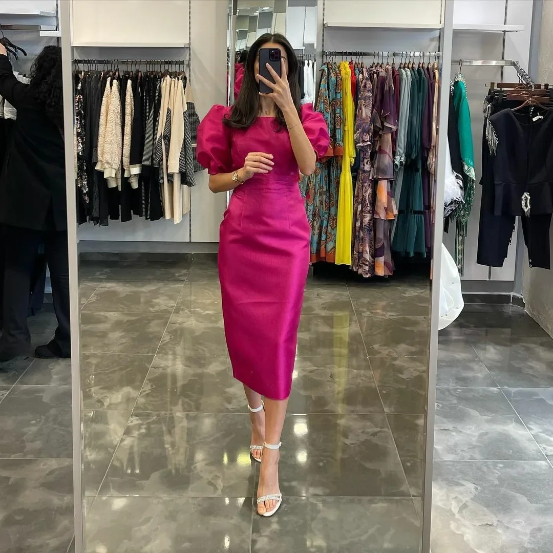 

2024 Newest Fuchsia Mermaid Evening Dresses For Women Backless Puff Short Sleeves Formal Party Dress Tea Length Dubai Prom Gowns