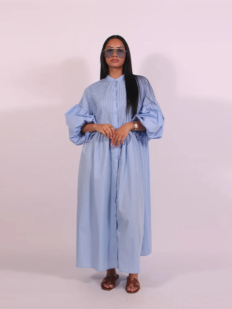 aliexpress blue dress Blue Embroidered Mesh Puff Sleeve Summer Midi Dress – LAI MENG FIVE CATS main image 0