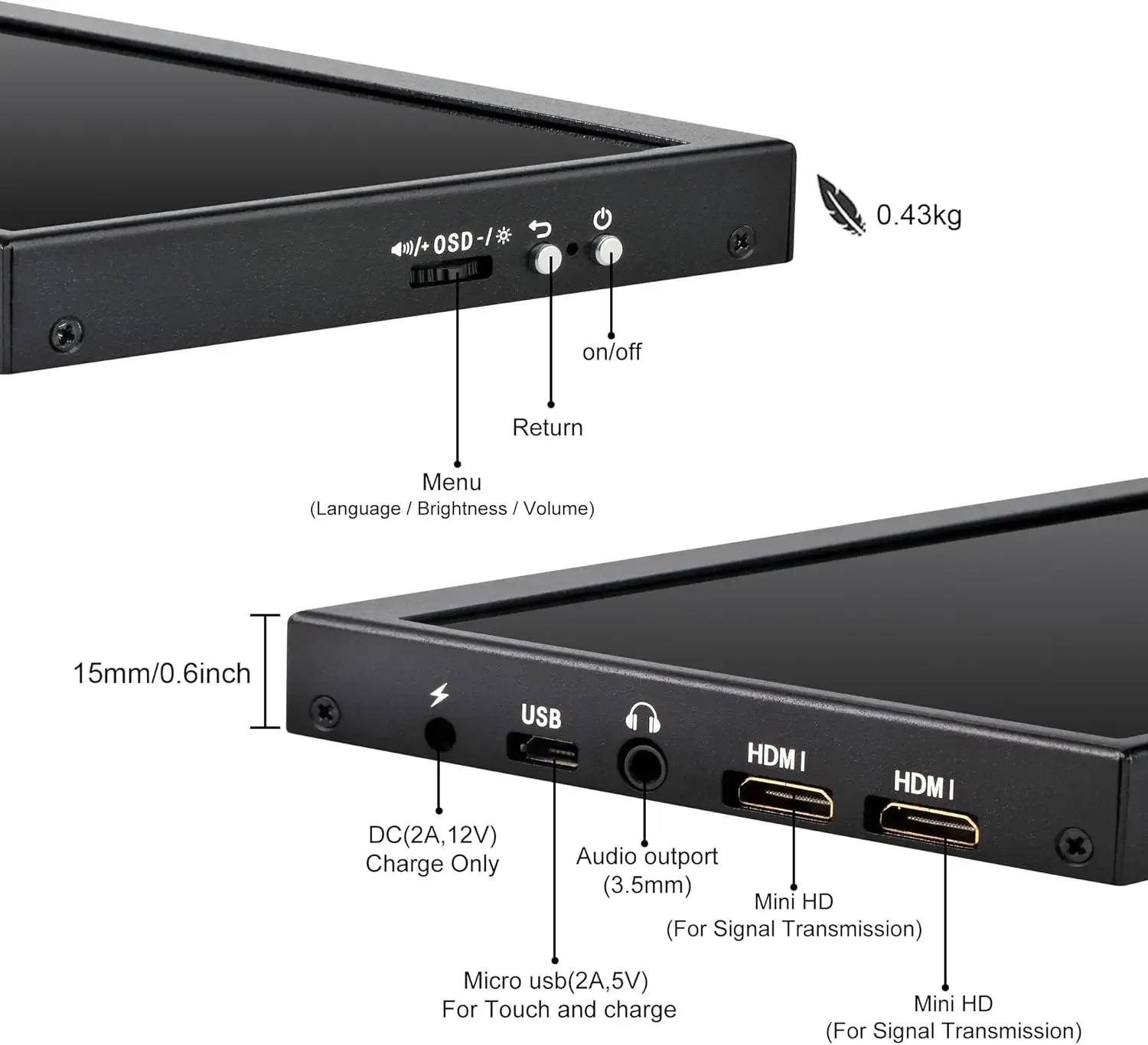 Wisecoco 보조 화면 IPS 터치 모니터, 스트레치 바 LCD 디스플레이, Aida64 서브 CPU GPU 디스플레이 노트북용, 12.6 인치, 1920x515