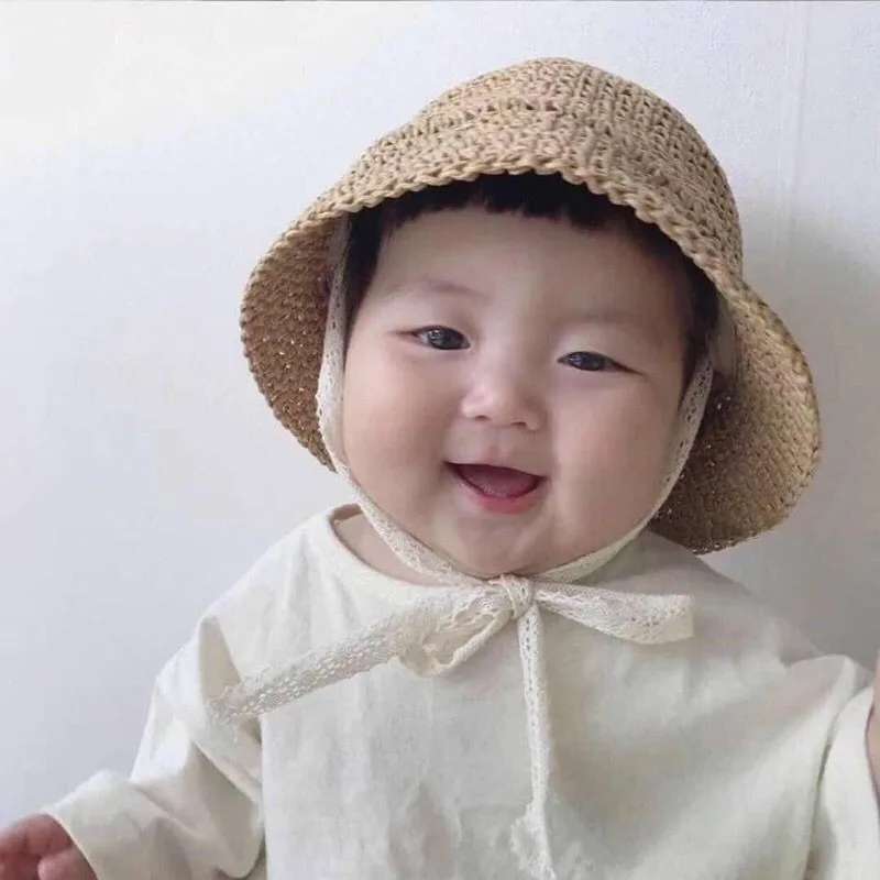 2024 Summer Straw Baby Hat Lace Newborn Baby Bucket Hat Kids Sun Hats Kids Cap Children Panama Cap Outdoor Travel Beach Cap 5