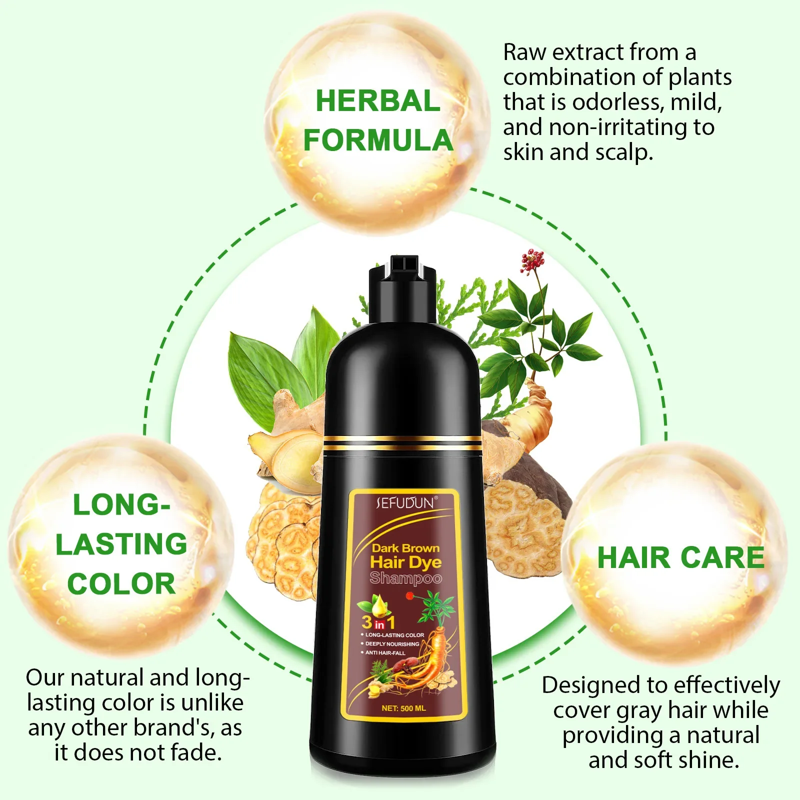Shampoo 3 in 1 Organic Natural Hair Dye Ginseng Extract Black Hair Color Шампунь Для Волос for Cover Gray White Hair 500ML 5